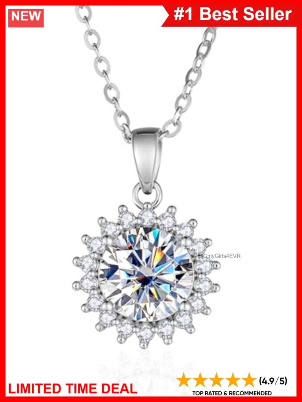 Moissanite Sunburst Halo Necklace 925 Sterling Silver 16-20" Adjustable Chain